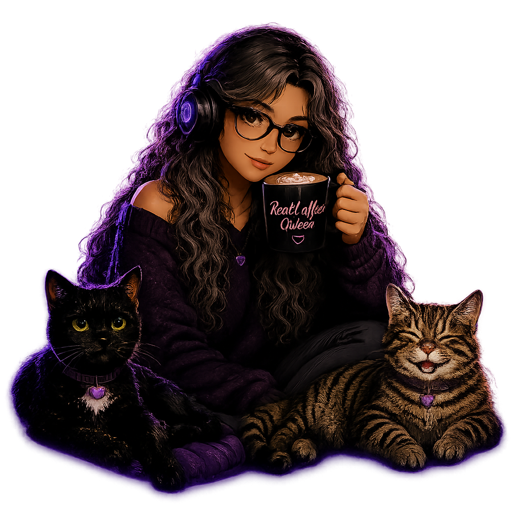 Illustration von RealCoffeeQween mit Kopfhörern und Kaffeetasse, begleitet von einer schwarzen und einer getigerten Katze in einem violett beleuchteten Gaming-Zimmer.